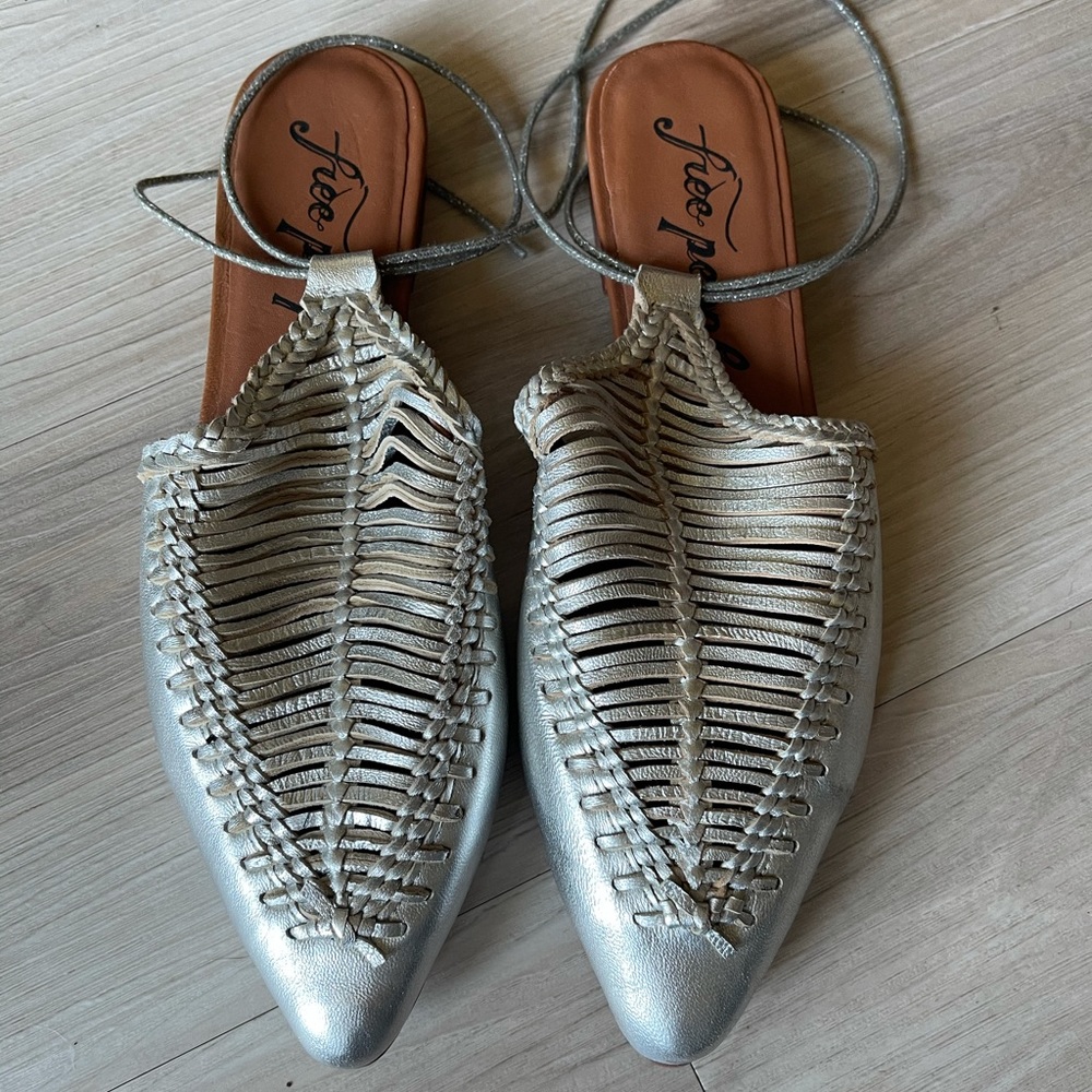Free People silver leather mules with ankle tie